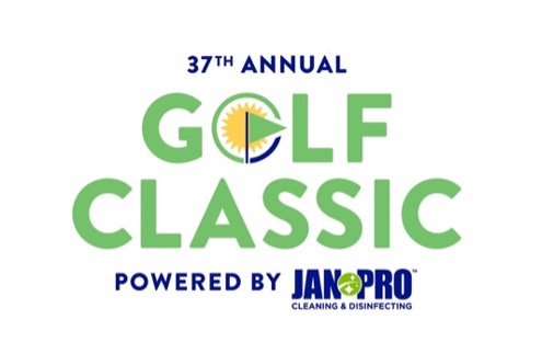 Logo for the 37th Annual Golf Classic, featuring a stylized golf ball and flag, with text noting Powered by JAN-PRO Cleaning & Disinfecting and highlighting Virginia support for youth facing emotional and behavioral issues.