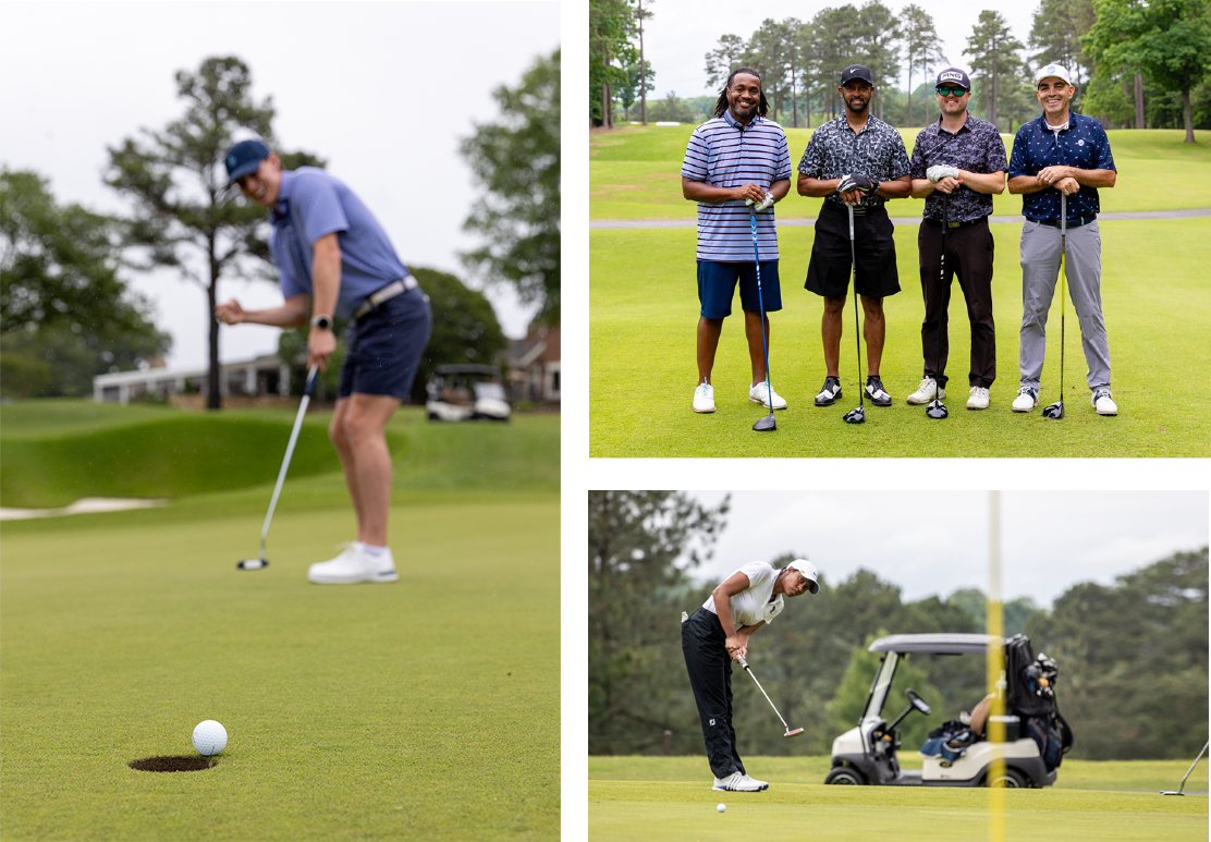 A collage of three photos on a golf course: a man putting close to a hole, four men standing and smiling together, and a man swinging a golf club near a golf cart and flag.